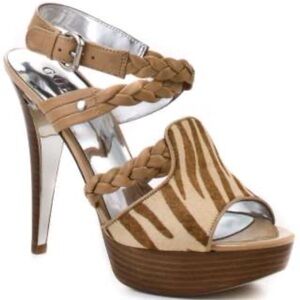 Guess brand new in box strappy heels size 7.5 beige zebra print on pony hair